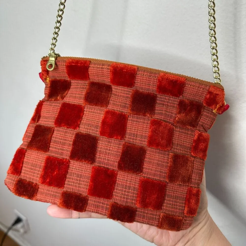 Rust Orange Velvet Checked Gold Chain Strap Zipper Top Slim Mini Purse